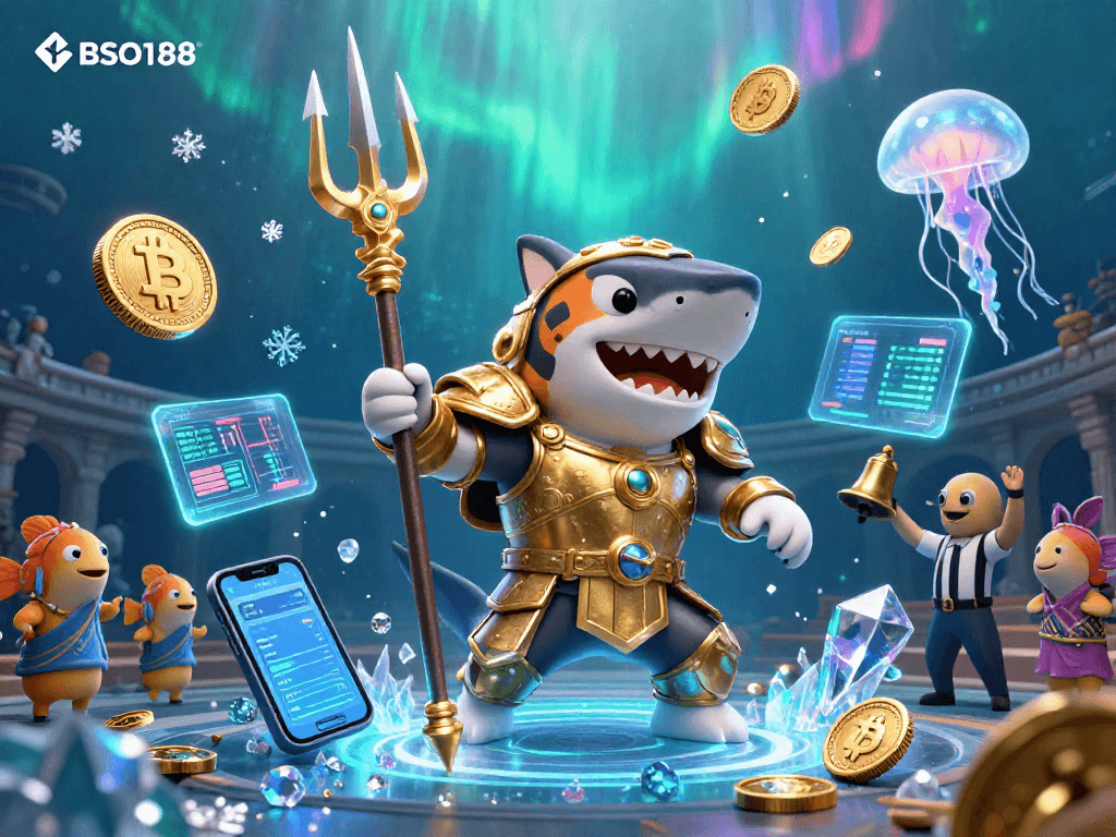 Experience the excitement of BSO188 with a vibrant underwater casino scene featuring a tiger shark and crypto elements.