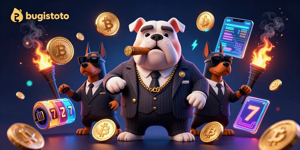 bugistoto menampilkan karakter mafia bulldog dengan elemen slot, koin crypto, dan latar belakang kasino yang menarik