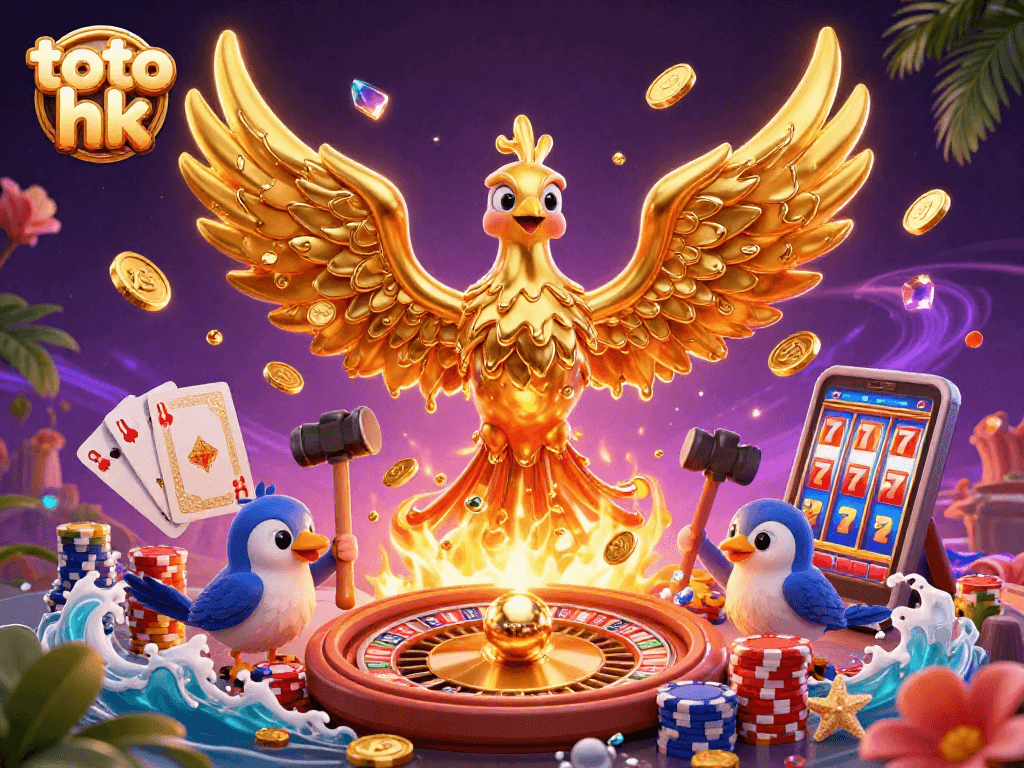 Menyaksikan togel toto hk dengan phoenix emas dan koin berkilau berterbangan dalam ilustrasi bermain
