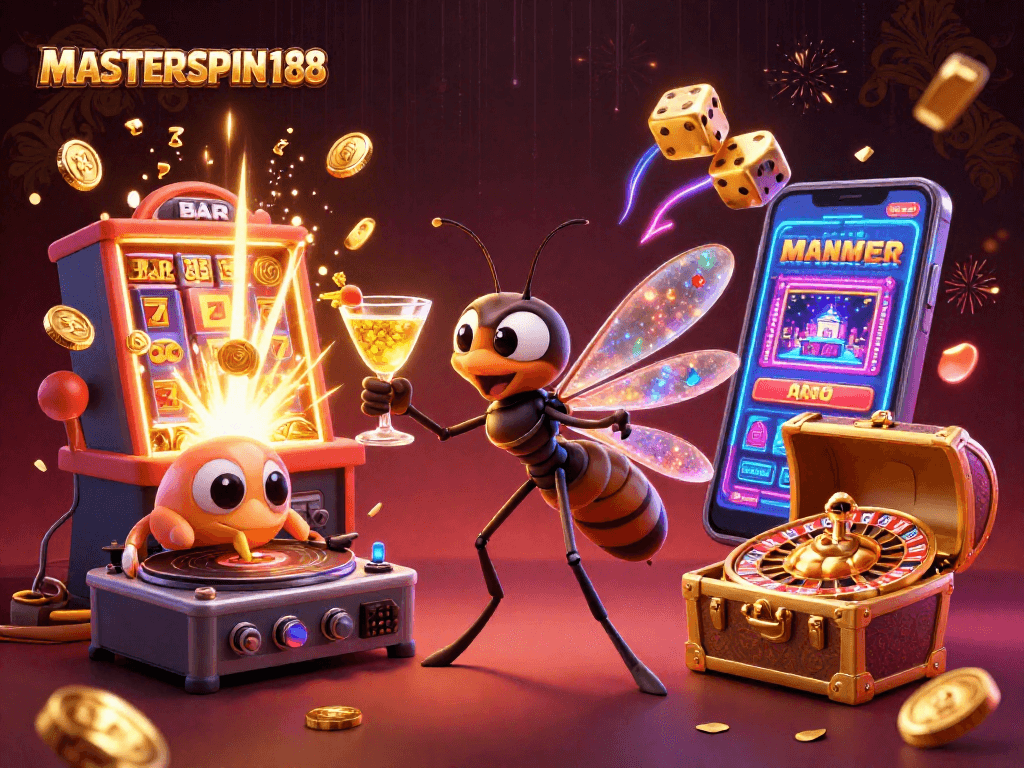 MASTERSPIN188 showcases a lively casino scene with unique characters and dynamic gaming elements.