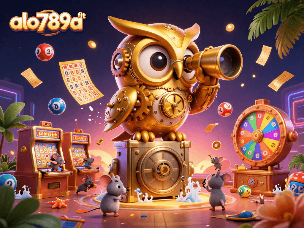 A vibrant casino scene with a massive clockwork owl observing players at Alo789a fit, amidst colorful lottery balls and dynamic elements.