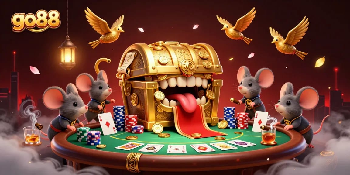 Engage with go88's thrilling poker scene featuring characters and vibrant casino elements.