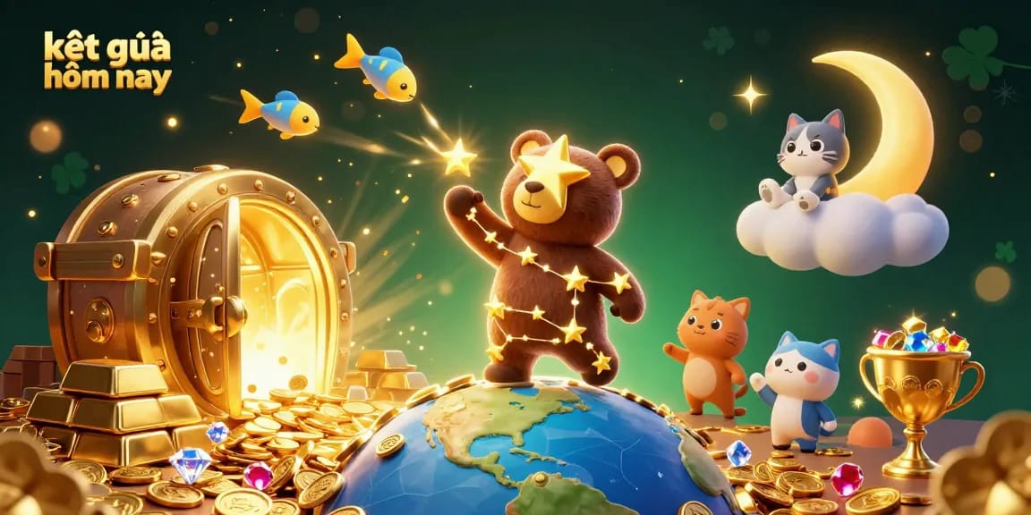 Engaging constellations symbolize kết quả hôm nay with animated stars, coins, and casino elements.