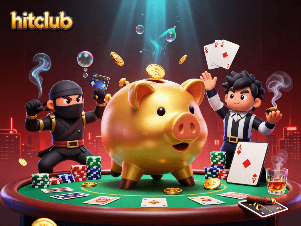 Hitclub's lively gaming scene showcases a winning piggy bank sumo wrestler amidst poker elements, capturing excitement.